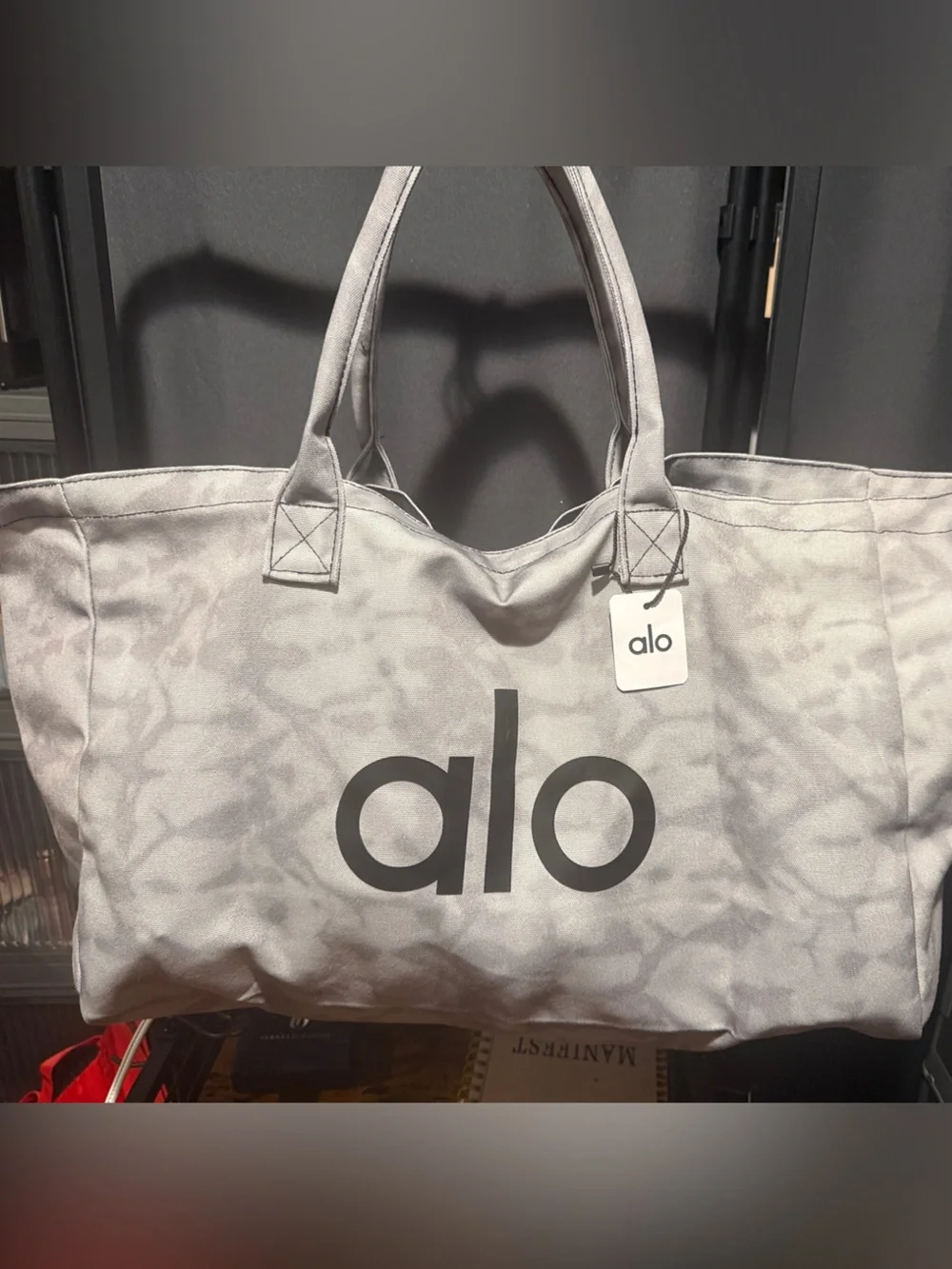 ALO Yoga Light Gray Canvas Tote with Bold Black Logo NWT